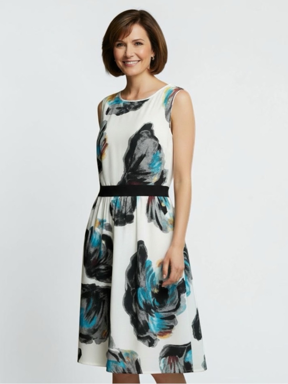 Cato White Sleeveless Blk/Teal/Yellow Watercolor Whimsical Fit & Flare Dress 16